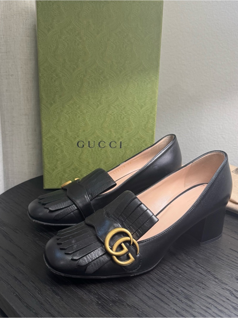 Gucci Marmont GG Fringe Pumps Leather Black 38.5